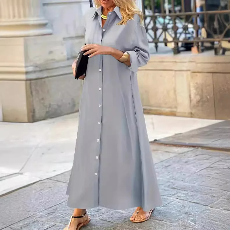 Womens solid color Muslim dress plus size long sleeved prayer cotton linen lapel womens skirt 250409
