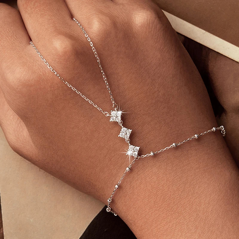 925 Sterling Silver Hand Chains Bracelet for Women Dainty Four-leaf Clover CZ Bracelet and Ring Chain Body Jewelry 250408