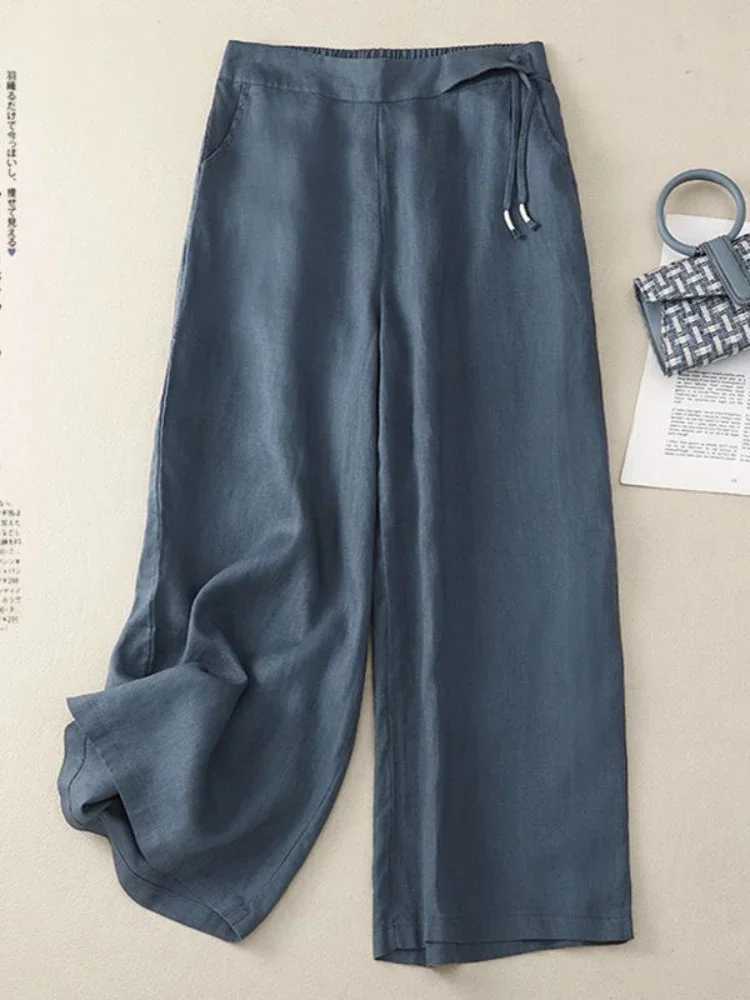 Retro Art Summer Wide Leg Pants Womens Elastic High Waist Cotton and Linen Casual Pants Loose Straight Yellow Womens PantsXJ250403