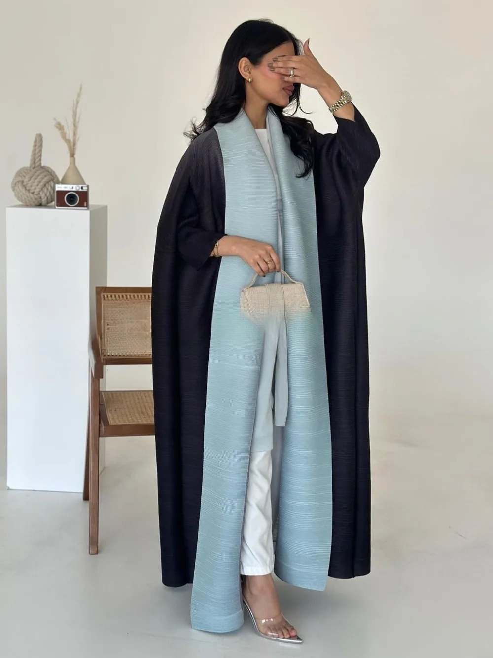 Muslim pleated Abaya elastic open dress Eid al Fitr womens Maxi Caftan cardigan wool sweater printed in Dubai Kaftan Islam Vestidos Jalabiya 250409