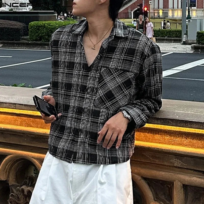 Spring and summer mens long sleeved fashionable plain shirt with collar INCERUN casual top mens clothing street wear oversized T-shirt 250408