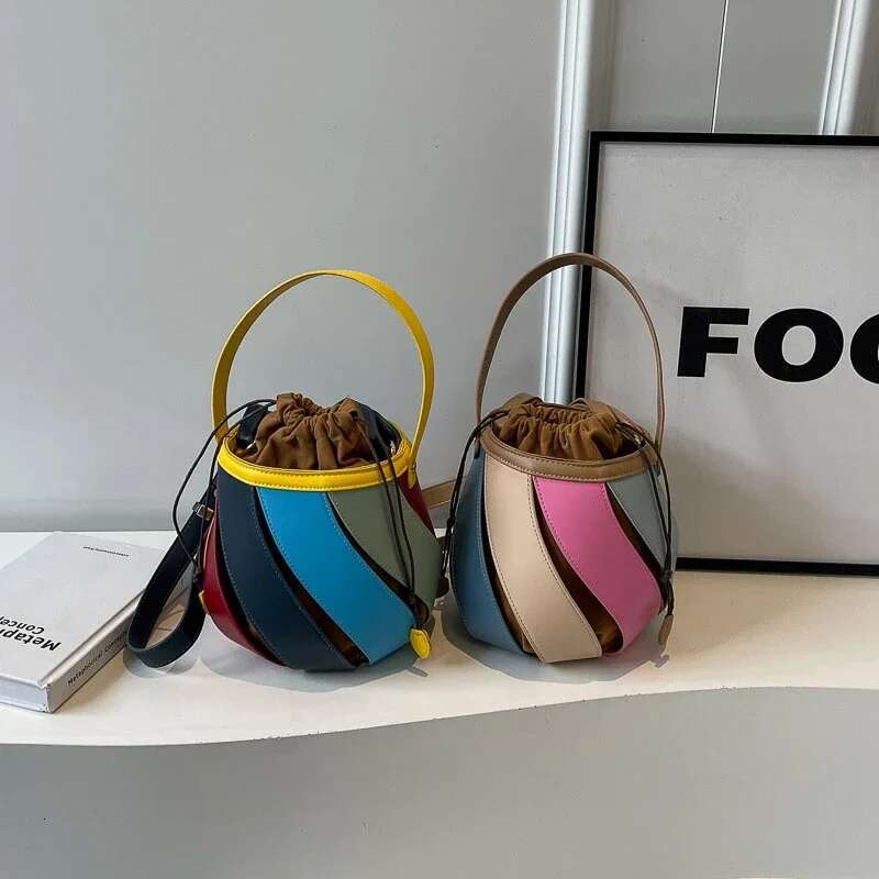 Vintage Draw String Women 2024 New Barrel Type Handbag Satchel Rainbow Design Crossbody Bag Lady Shoulder Bags Purse