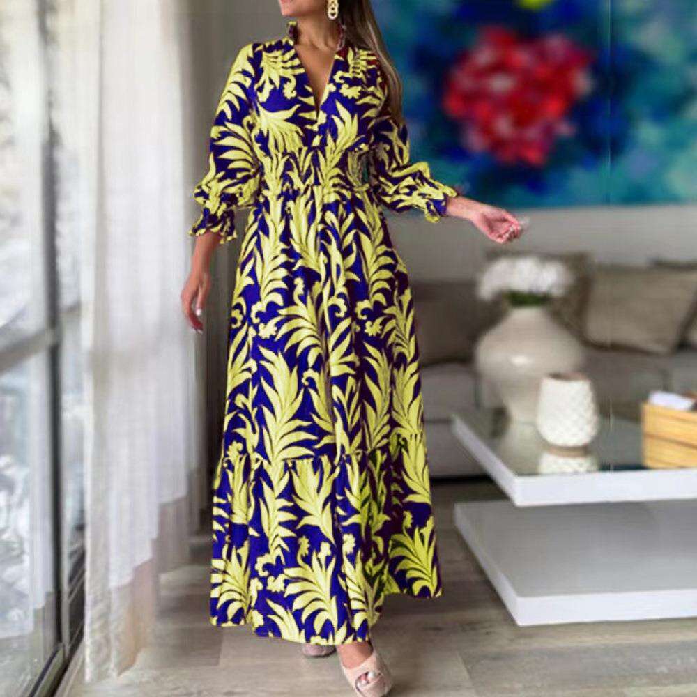 2025 Autumn Winter New from Waist-Cinching Pullover Bohemian Print Long Sleeve Flared Dress