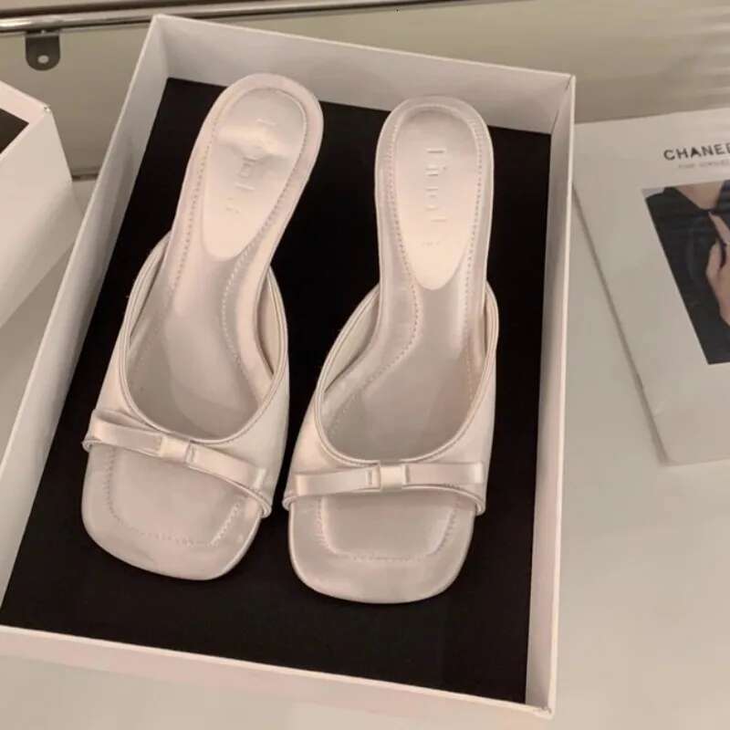 Slipper Mules Low High Heels Shoes Summer Best Street Look Females Square Head Open Toe bow Strappy Sandals Women