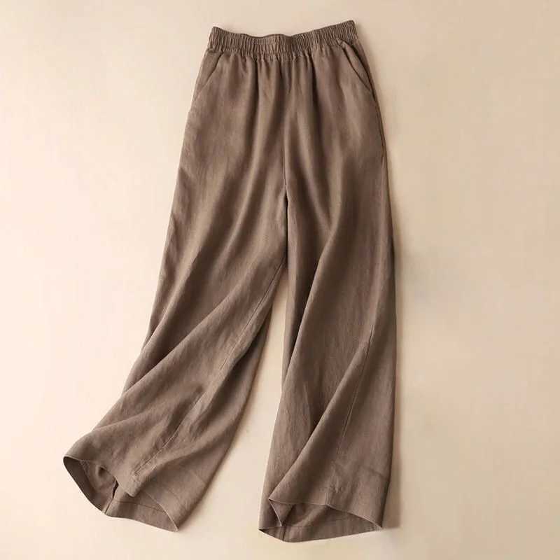 Fashionable womens full-length casual pants cotton linen wide leg pants solid summer pants loose high waisted straight pantsXJ250403