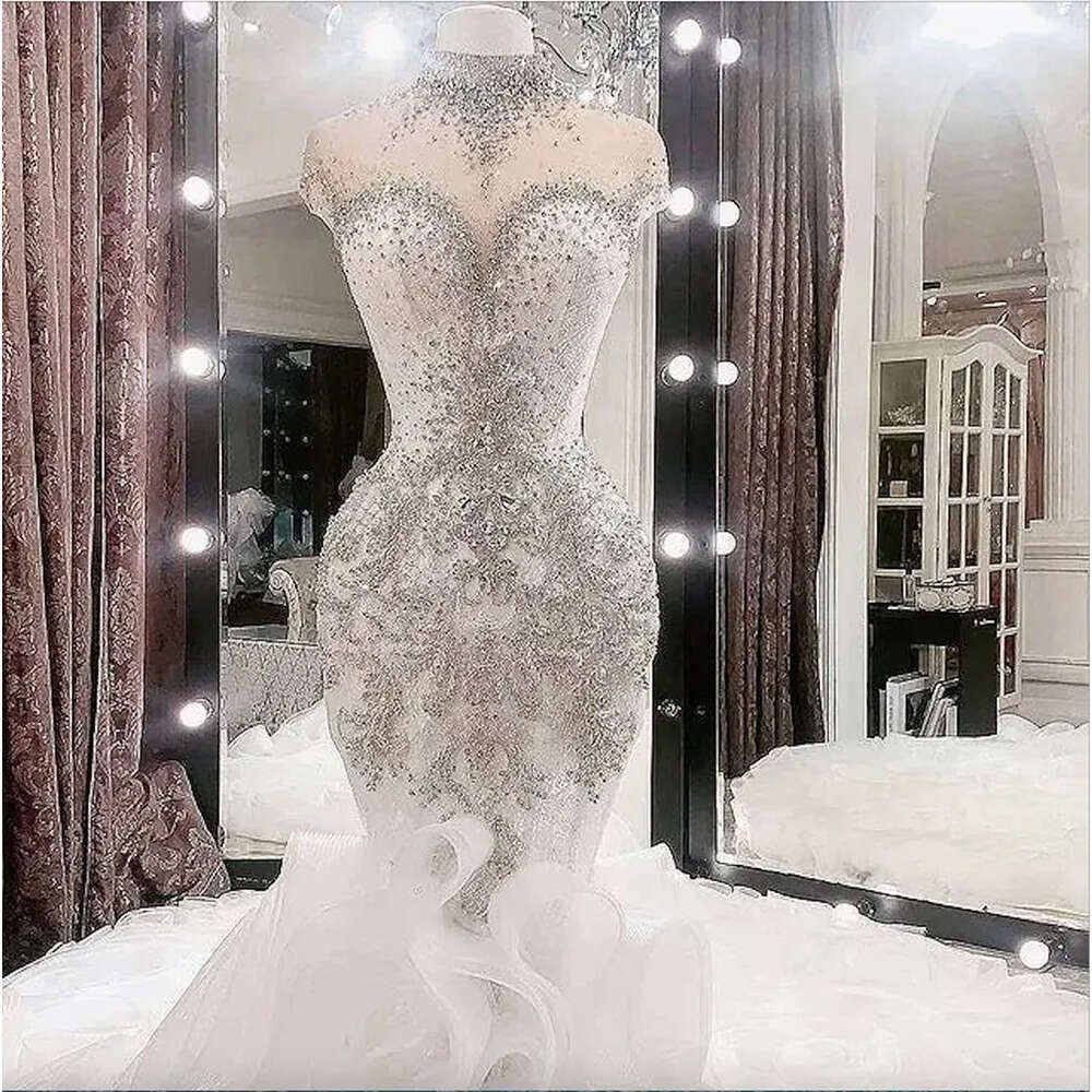 Arabic Aso Size Ebi Plus Luxurious Beaded Crystals High Mermaid Bridal Dresses Sheer Neck Wedding Gowns N10