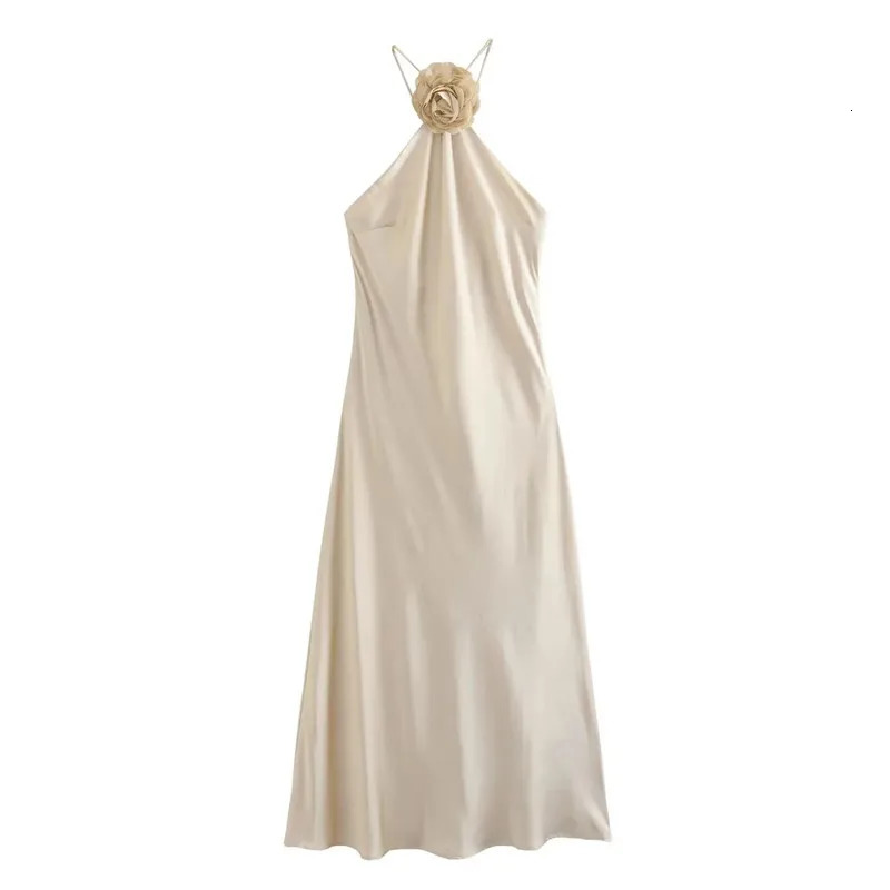TRAF floral satin long dress womens off shoulder camisole backless summer elegant party sexy evening 250409