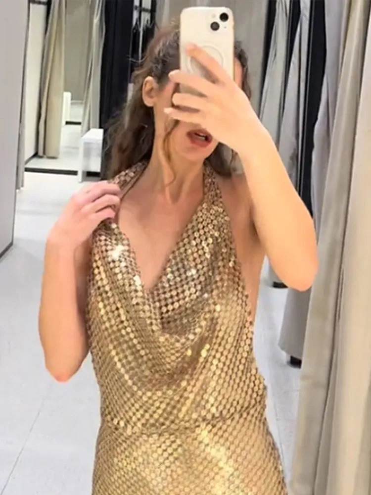 Backless sequined camisole Maxi dress for women sexy Vneck long high waisted party evening club womens sleeveless 250409