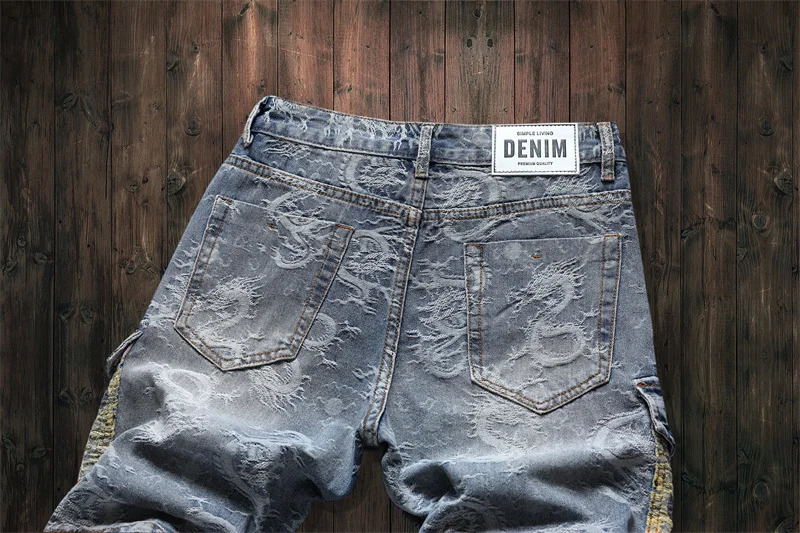 Chinese style dragon pattern printed jeans street mens multi pocket work denim shorts Y2k bear patchwork five point pants 250409