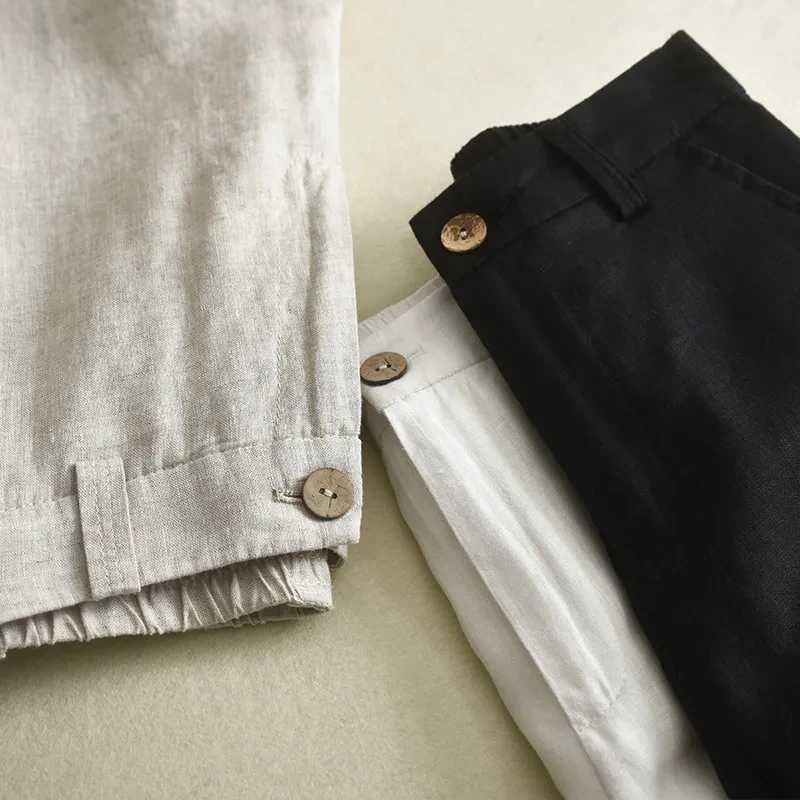 Womens cotton linen straight pants elastic high waist wide leg pants Fe spring summer solid color loose linen pantsXJ250403