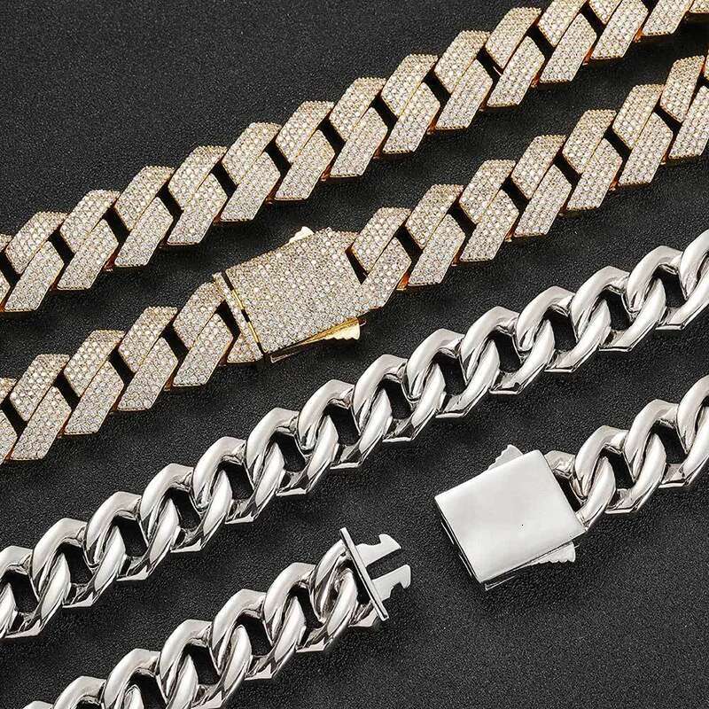 HIP Hop 4 Rows CZ Stone Paved Bling Iced Out 19mm wide Solid Rhombus Cuban Link Chain Necklace for Men Rapper Jewelry