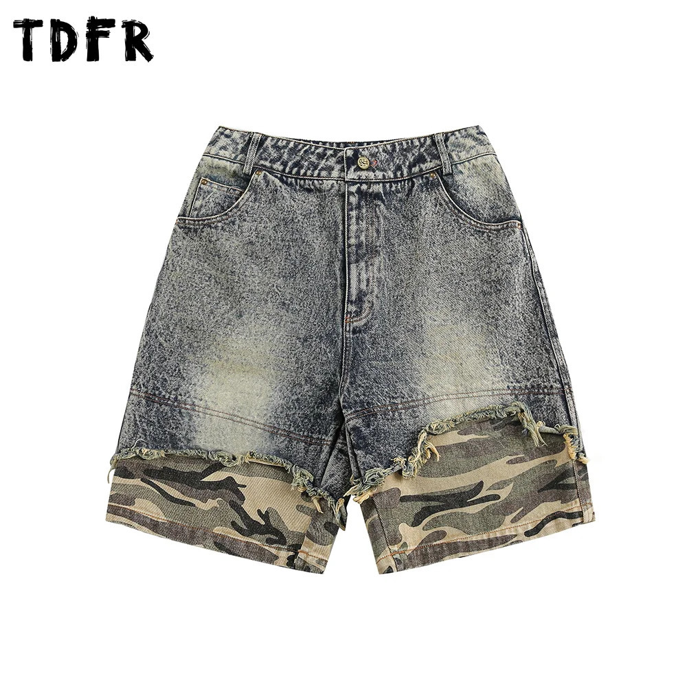 Camouflage patchwork denim shorts mens summer retro streetwear uncomfortable to wash loose wide leg 250409