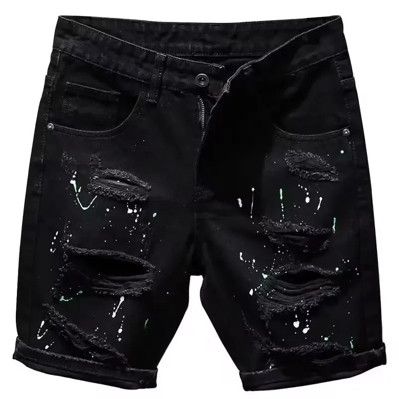 Fashion mens unique hiphop black denim shorts loose fit suitable for summer style highquality cotton pants 250409