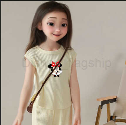 Disney 2025 Summer New Baby Girl Ice Silk Sleeveless Set Fashionable and Stylish Cute Cartoon Two Piece Set for Small and Medium sized ChildrenXJ25040