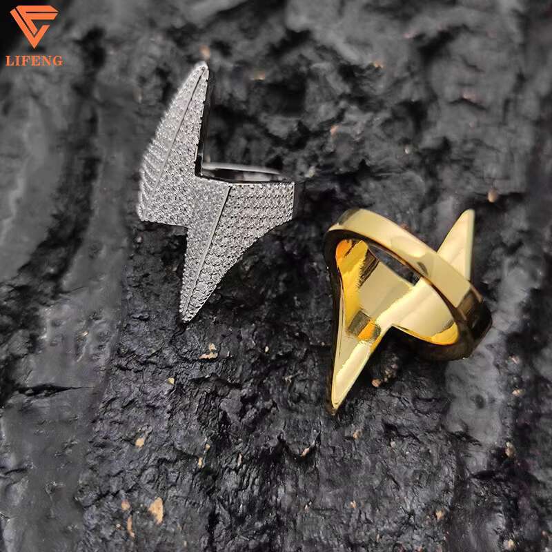 Wholesale Fashion Jewelry 925 Sterling Silver Hiphop Lightning Finger Ring 14k Gold Plated Iced Out VVS Moissanite Mens Ring