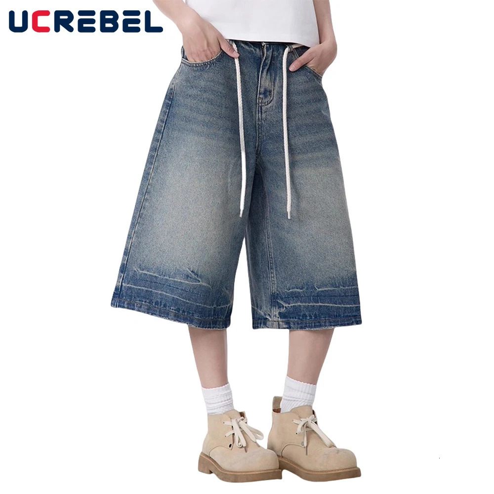 dip galvanized mens short jeans with retro waistband high street loose wide legs denim shorts cut 250409
