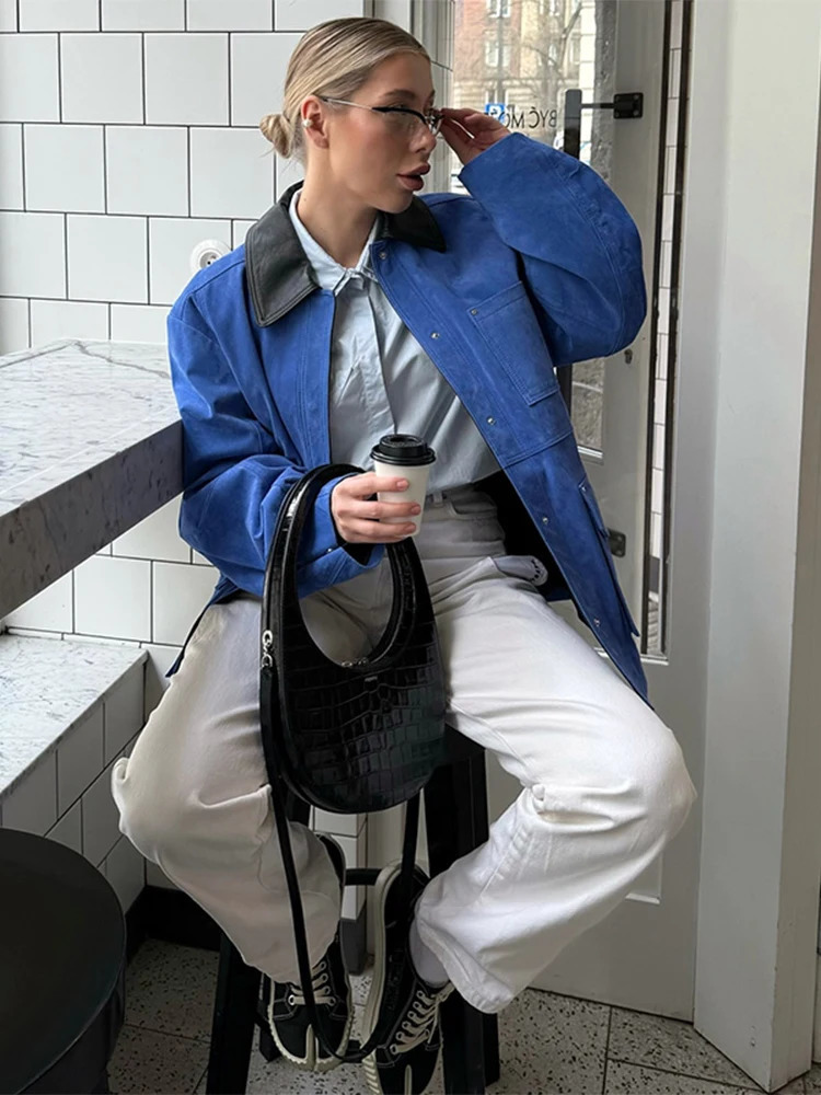 Womens oversized spliced work jacket with full collar single chest pocket womens springsummer street 250409