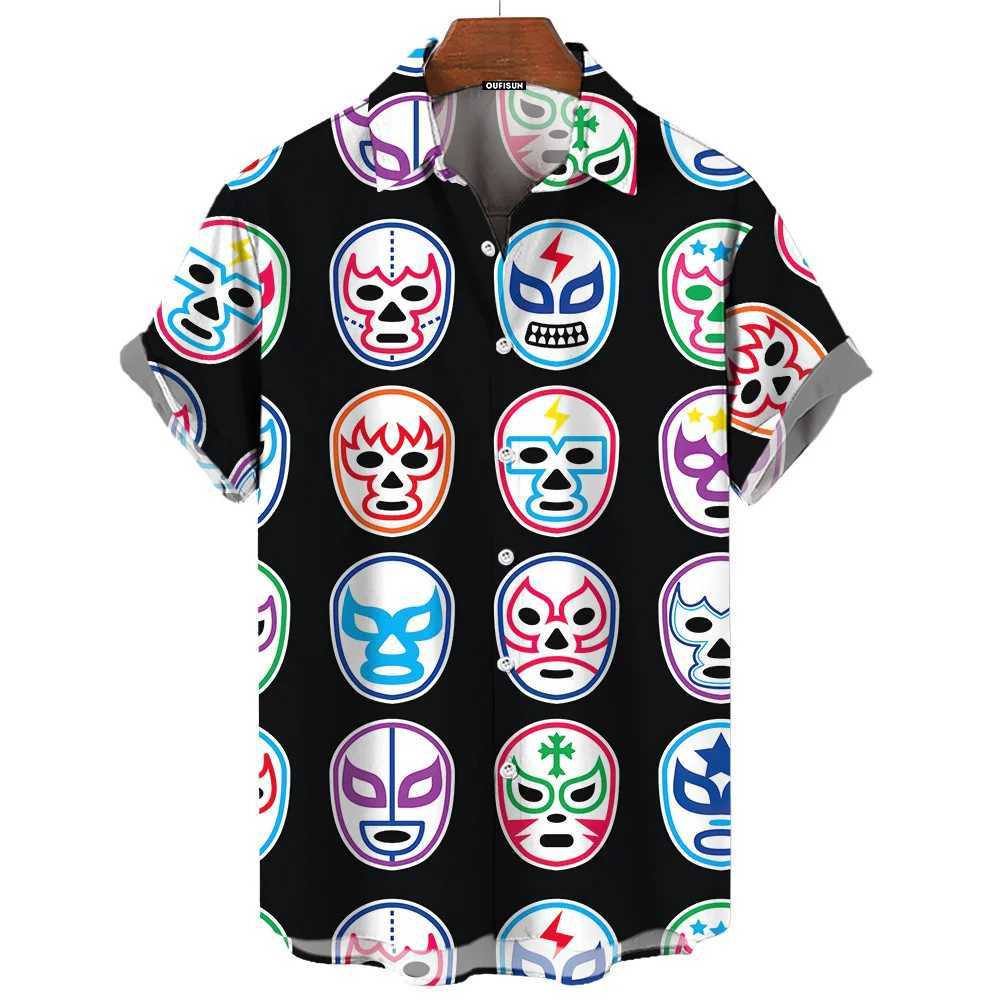 3D mask print mens summer lucha libre short sleeved casual Hawaiian mens loose clothing Mexican wrestling W250408