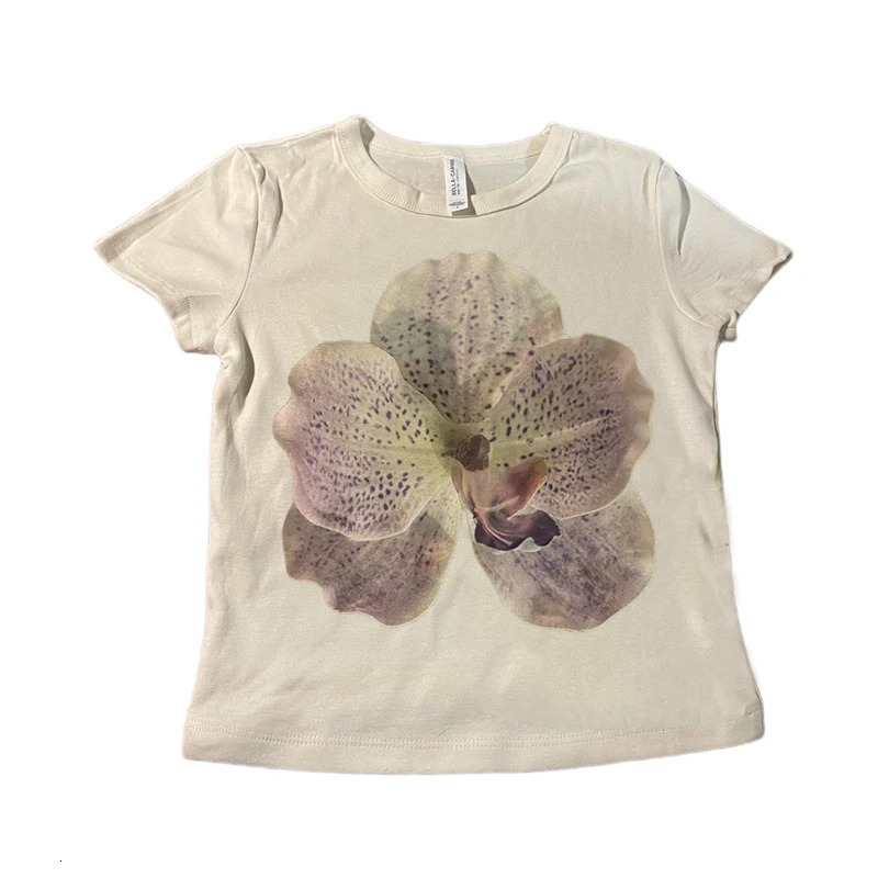 Streetwear Womens Summer Slim Crop Tops Floral Print Pattern Cap Sleeve Round Neck Show Navel Cropped Tops Female Mini Baby Tee 250409