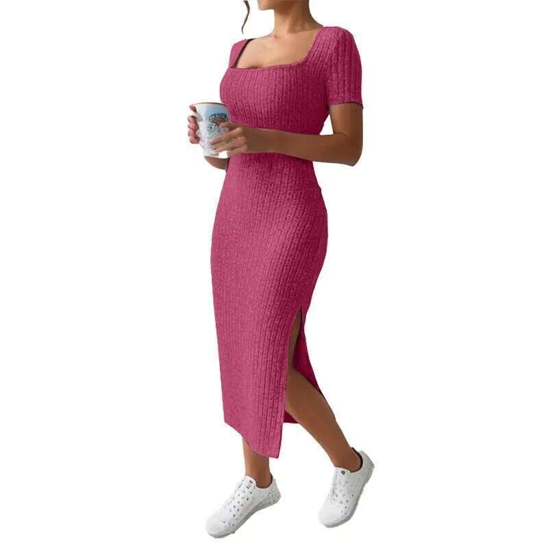 Summer Square Neck, Hip-Hing Mid-Length Skirt, Short-Sleeved, Versatile Knitted Slit Dress