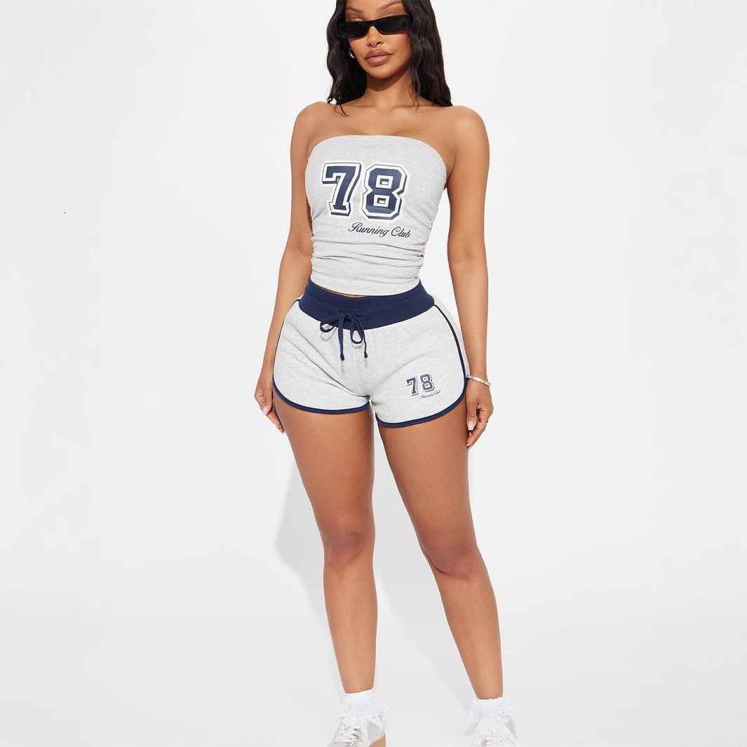 2025S Designer Women S Set Summer Casual American Digital Printed Strapless Top Waist Length Lace Up Ultra Short Pants Set