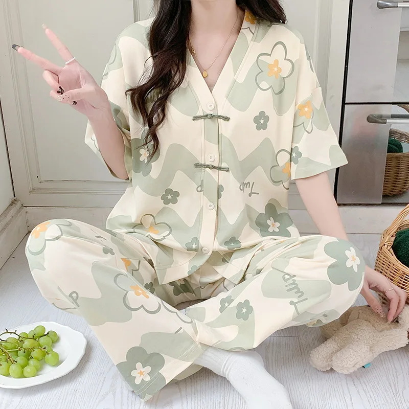 Pjs Womens Cotton Pajama Style Size Up Summer Short sleeved Pants Open top Set 250409