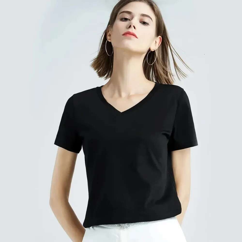 2024 Spring Summer Women Cotton T-shirt Black V-Neck Short Sleeve Female Tee Slim White T-Shirt Casual Solid Lady Tshirt Tops
