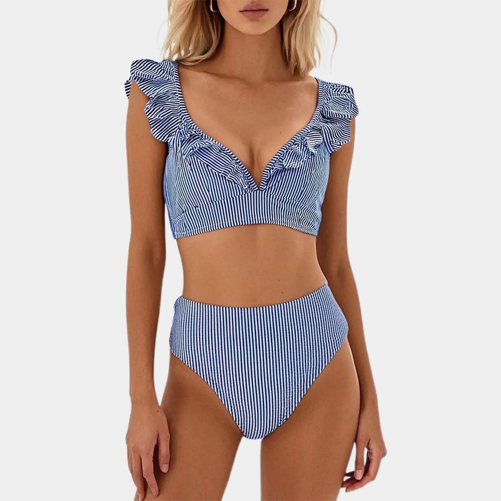 Dongdumaoyi Sexy Striped Ruffle Bikini Swimsuit Women Two Piece Swimwear High Waisted Bikinis Sets Female Bathing Suit Push Up Monokini