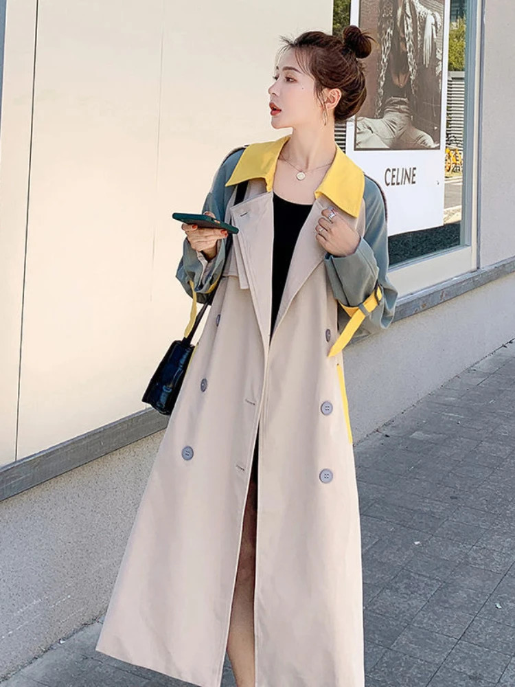 Medium length windproof jacket womens revolving door collar autumn loose and fashionable color comparison top simple 250409