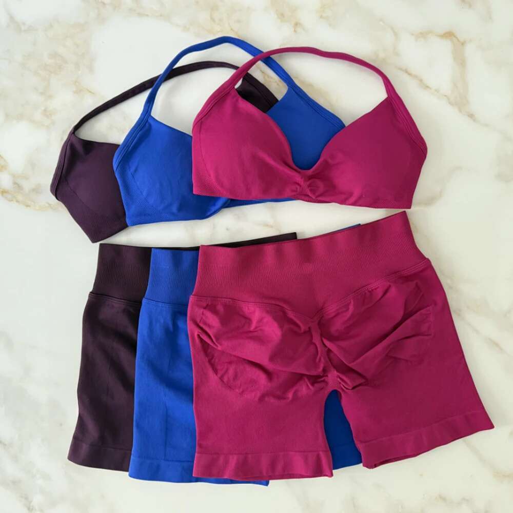 Impact Gym 2 Piece Women Strappy Bra Top Workout Scrunch Shorts Sports Suit Fiess Clothes Seamless Outfits Yoga Set