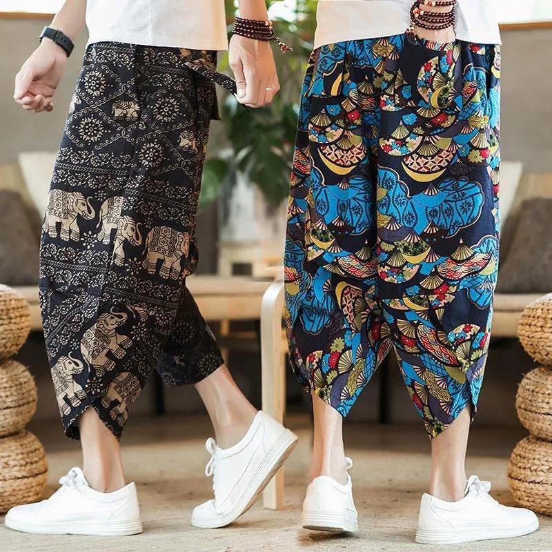 2025 New Designer Men Shorts Summer Men's Casual Capris Lantern Wide Leg Beach Floral Pants Loose Size Chinese Style