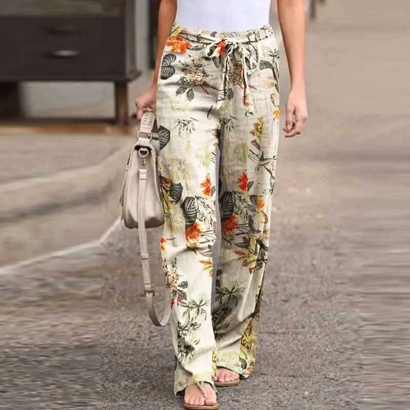 Casual printed cotton linen straight leg pants for women fashionable lace elastic waist home Trouser Fe Plus size pantsXJ250403