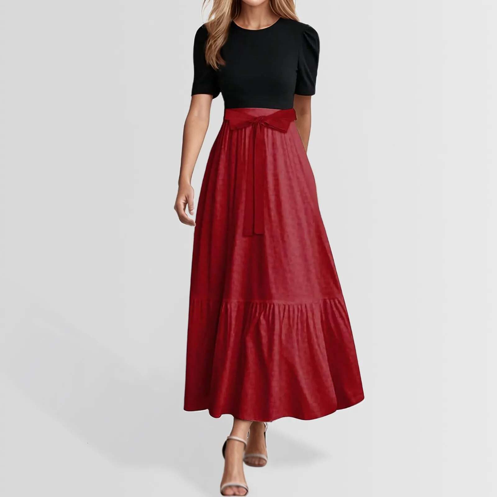 Dongdumaoyi Women S Fashion Casual Belted Short Sleeve Round Neck Geometric Splicing Elegant Spring Summer Temperament Fashionable Dresses