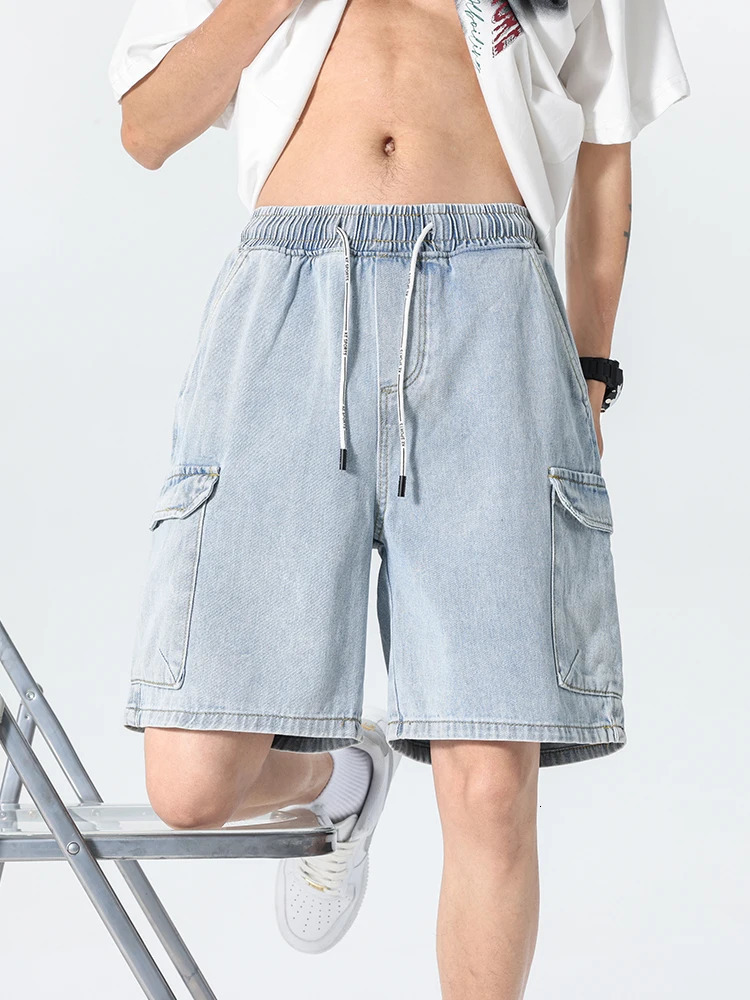 summer mens denim shorts light blue fashionable multi pocket loose casual cargo 92% pure cotton straight 250409