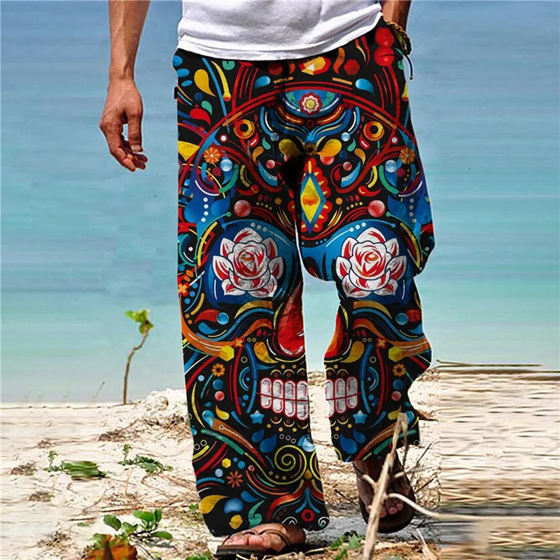 Summer Mens Retro Elements Casual Wide-leg Pants 3D Printed Hawaiian Baggy Beach Pants Fashion Wide-leg Pants 250408