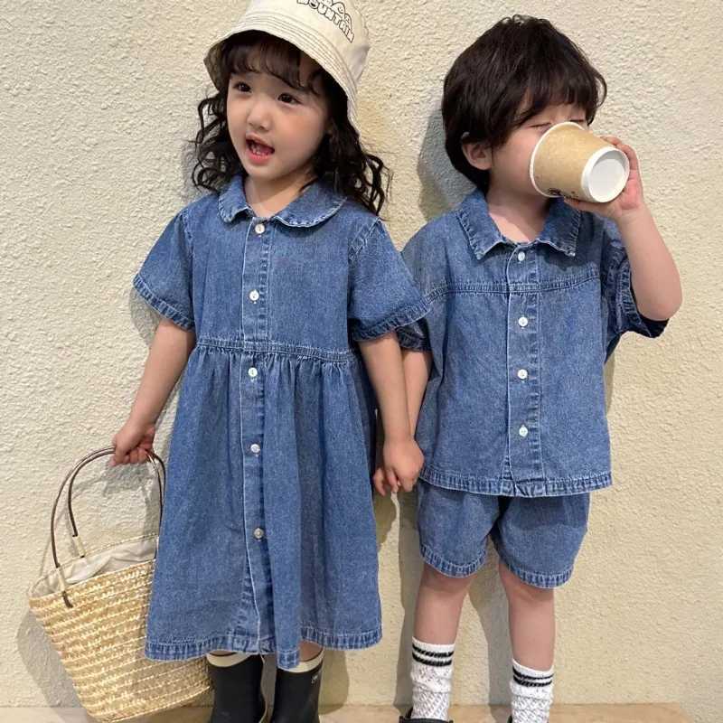 Siblings Matching Outfits Childrens Summer Denim Boys Shirt Set Girls/Short Sleeve Denim Dress S2548