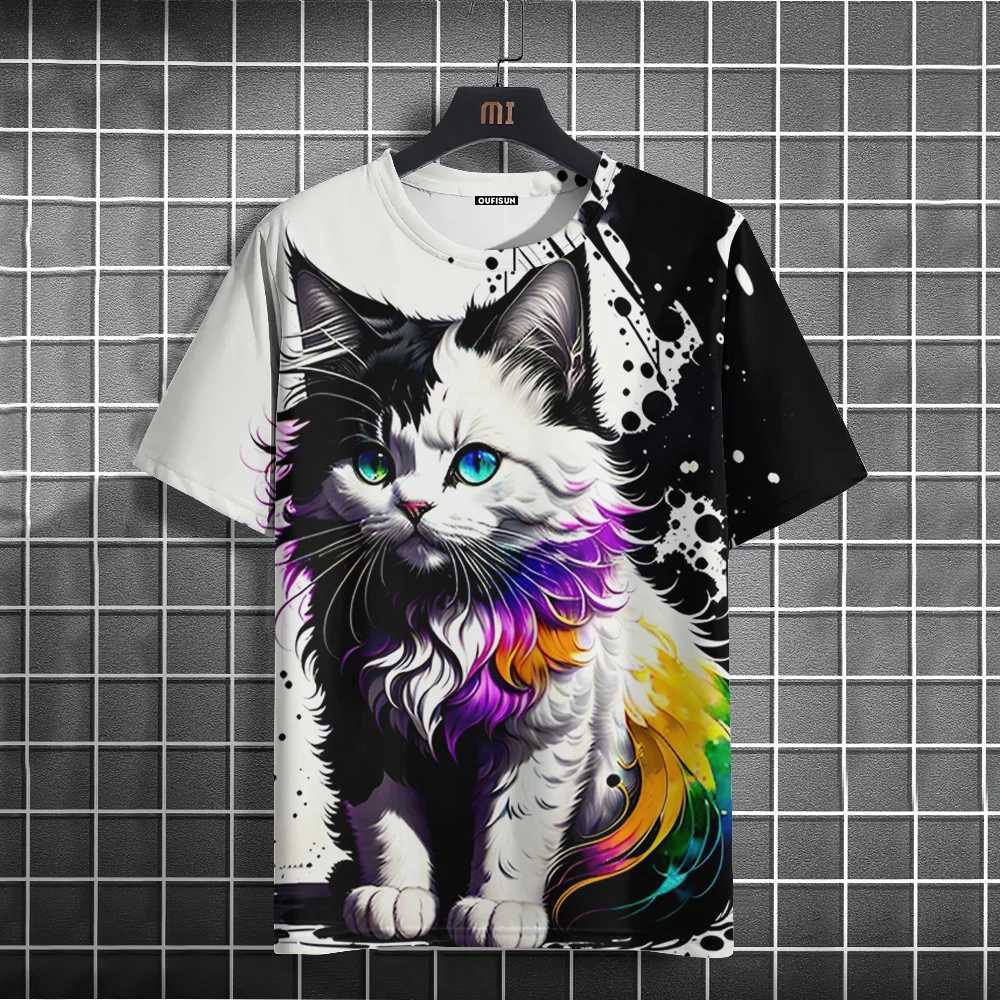Cartoon animal mens T-shirt cute cat pattern printed T-shirt casual loose short sleeved T-shirt oversized mens clothing top summerXJ250409