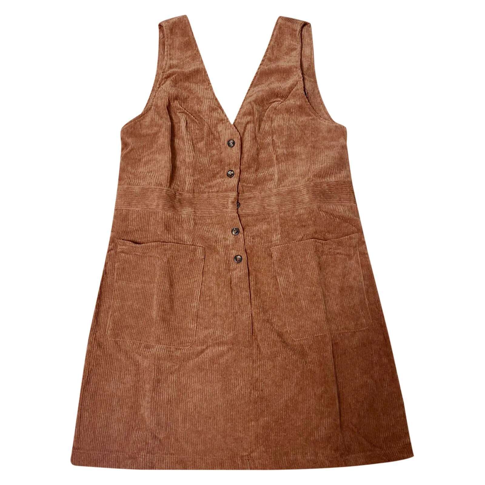 Dongdumaoyi Dresses On Offer Liquidation V Neck Sleeveless Corduroy Button Pinafore Overall Mini Dress Women S Strap Waist Up
