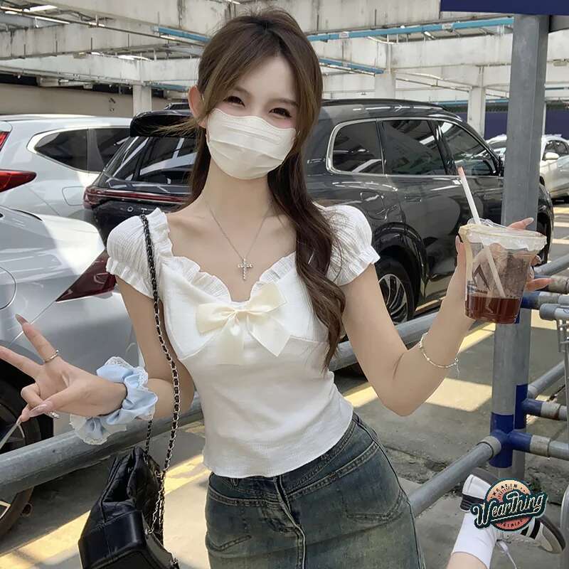 Fashion T-shirt Sweet Bowknot Women Pulovers Casual Short T-Shirt Top Puff Sleeve Women's Summer Tops Y2k Clothes