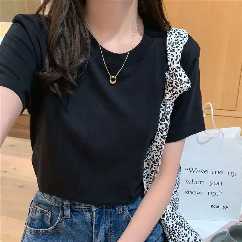 Solid Women Short Sleeve T Shirt Cotton O Neck Loose Black White Basic Thin Tops Fashion Haruku Casual Outer Wear T-Shirts