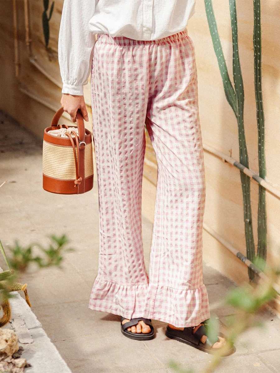 Womens Y2k plain pants silver ruffled hem elastic waistband wide legs loose casual pajamas Trousers StreetwearXJ250403
