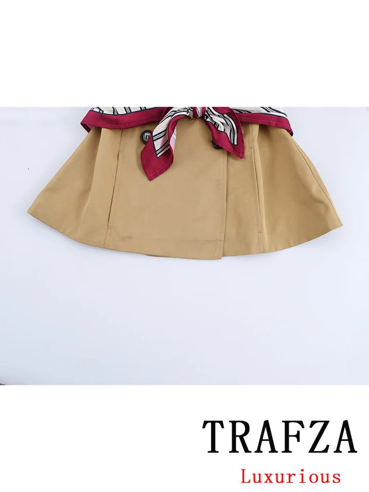 TRAFZA Casual Chic Womens Jacket Solid Stand Collar Printed Scarf Double Chest Coat Fashion Spring Short 250409