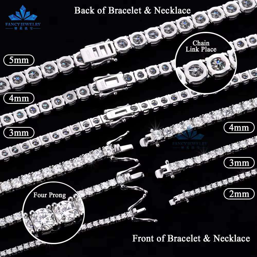 Factory Direct Sales Hip Hop Gra VVS Moissanite Chain 925 Sterling Silver 3mm 4mm 5mm Tennis Chain Moissanite Necklace Bracelet