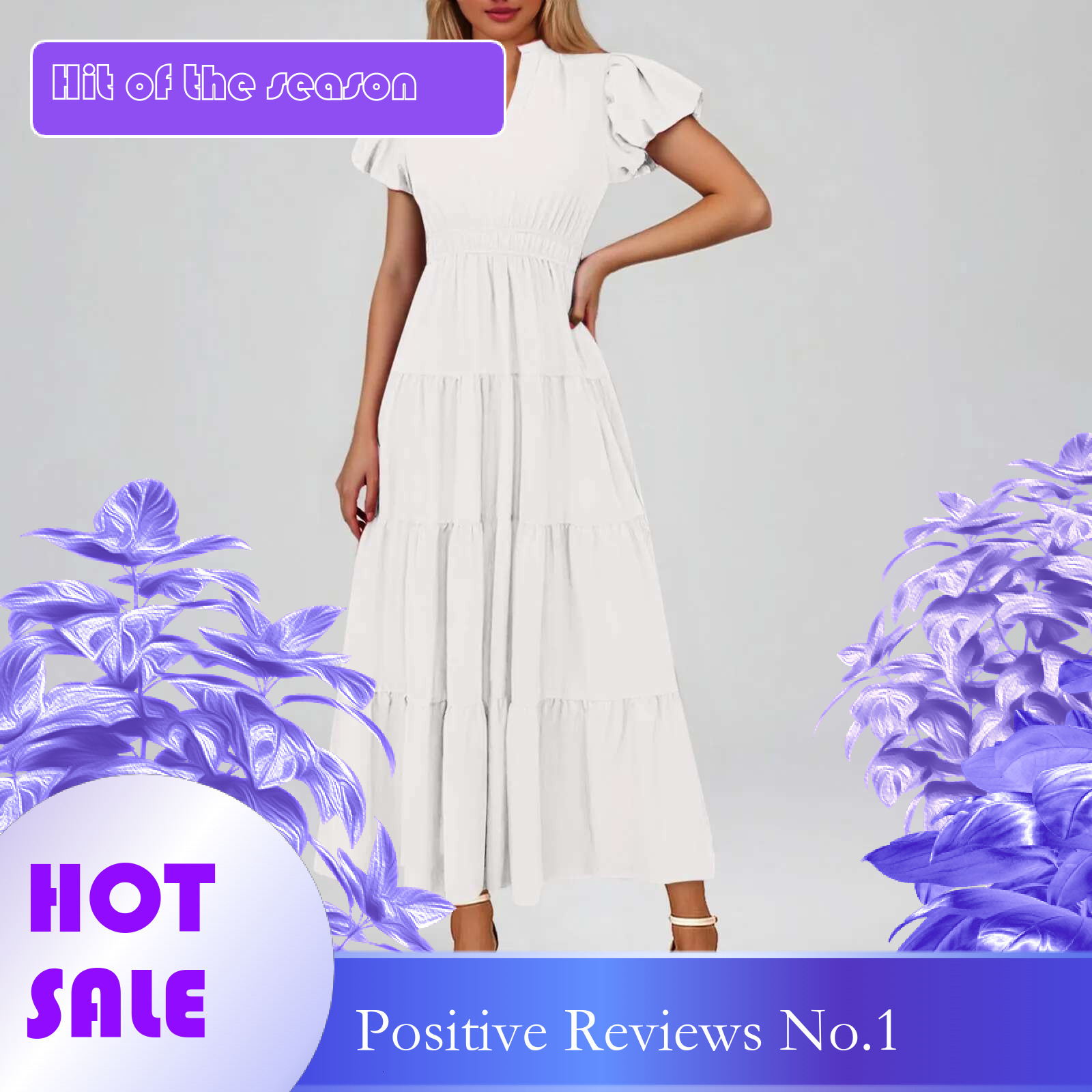 Dongdumaoyi Womens Summer Ruffle Sleeve Maxi Dress Bohemian Casual Flowy Layered Beach Solid Color V Neck Dresses Vestidos