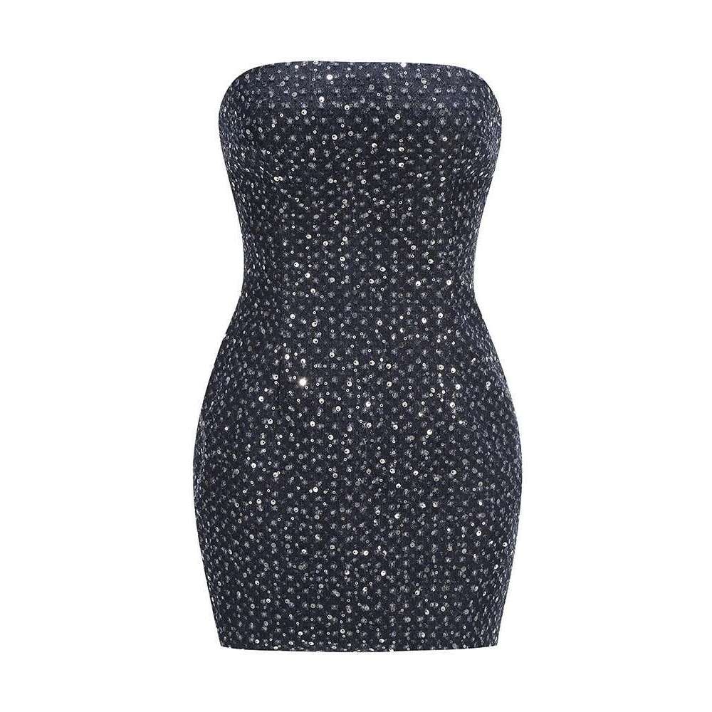 Sexy Strapless Denim Sequins Patchwork Mini Dress Women Blue Sleeveless High Waist Bodycon Dresses Nightclub Party Tail