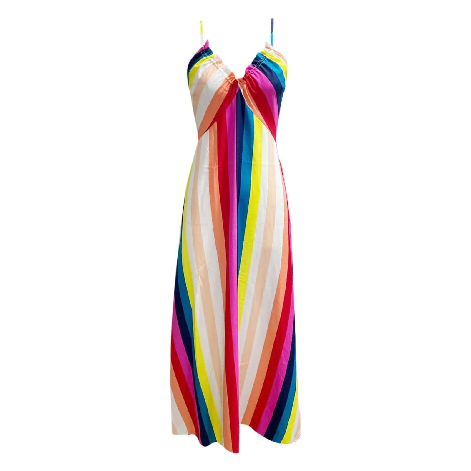 Dongdumaoyi Striped Sleeveless Maxi Dress For Women With Side Slit Spaghetti Straps Dresses Colorful Rainbow Casual Summer Beach