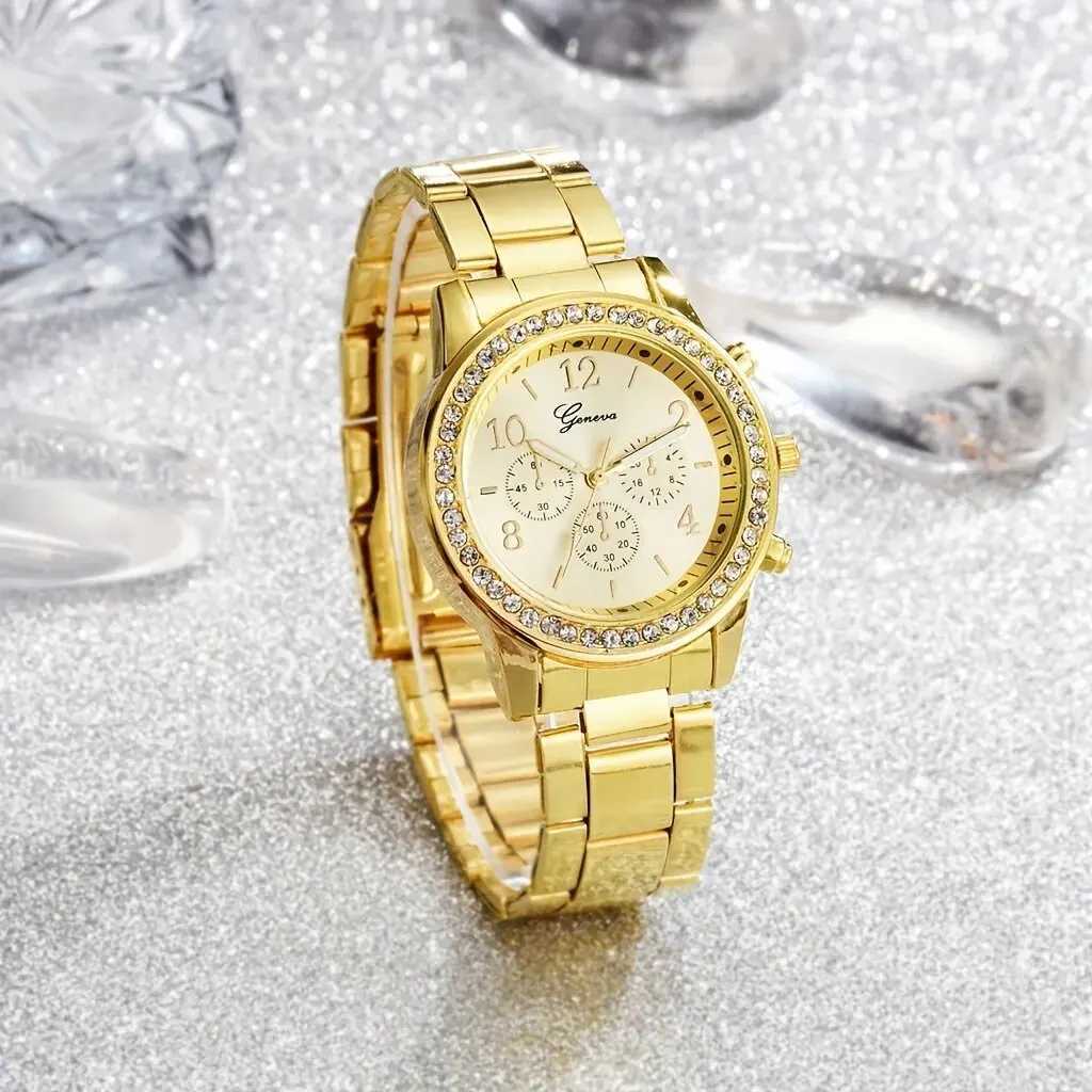 5-piece gold watch set womens luxury ring necklace earrings rhinestone fashion watch womens casual watch bracelet setXJ250408