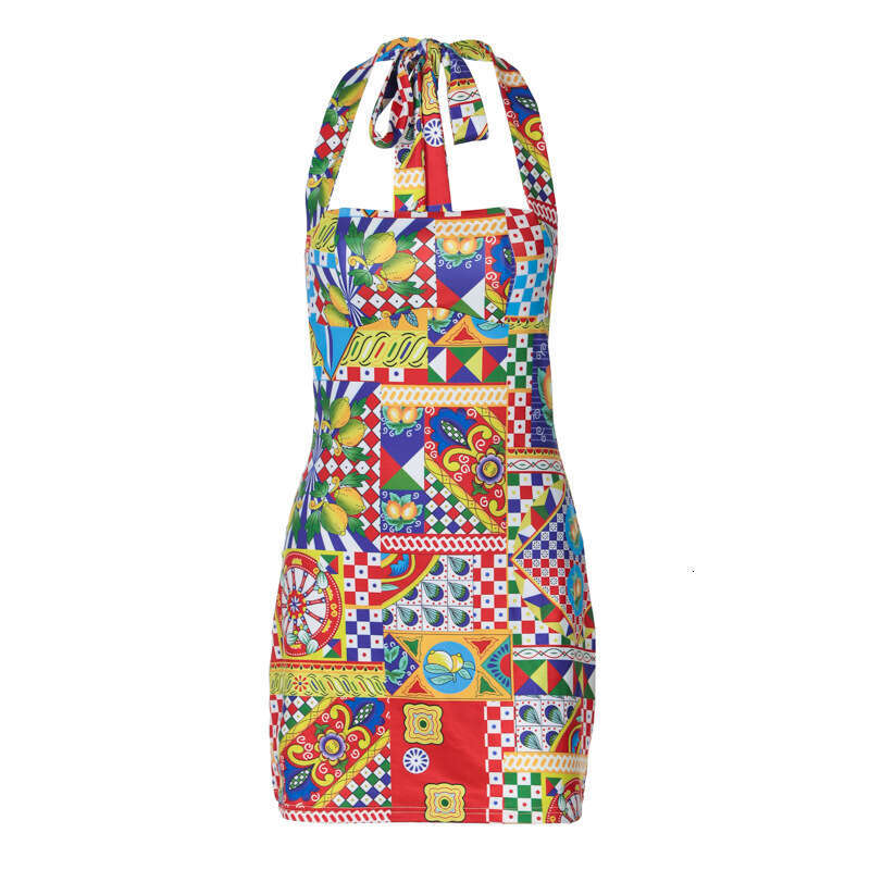 Wind 2025 Summer New Women's Fashion Printed Short Skirt Sexy Lace Hanging Neck Bareback Dress