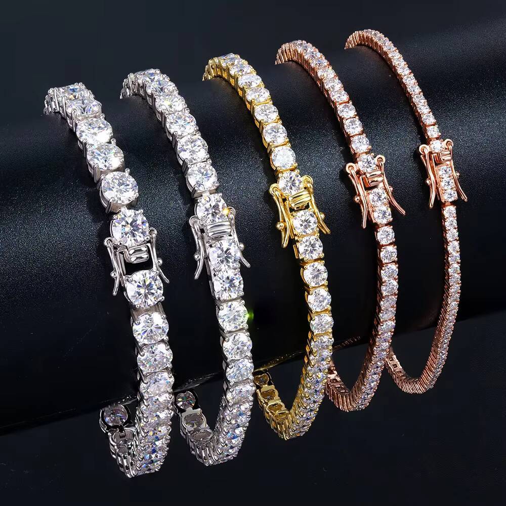 Wholesale Hiphop Jewelry 4mm Four Claws 925 Silver White Yellow Rose Gold Plated Round Brilliant Cut Moissanite Tennis Bracelet
