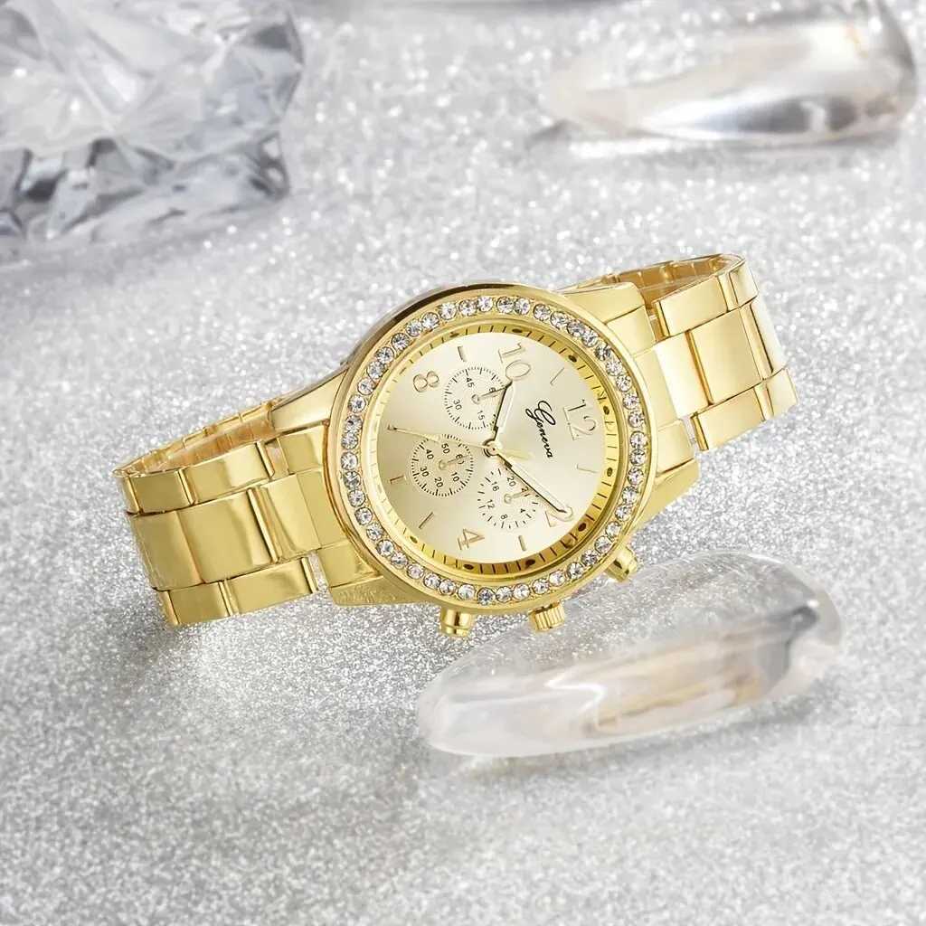 5-piece gold watch set womens luxury ring necklace earrings rhinestone fashion watch womens casual watch bracelet setXJ250408